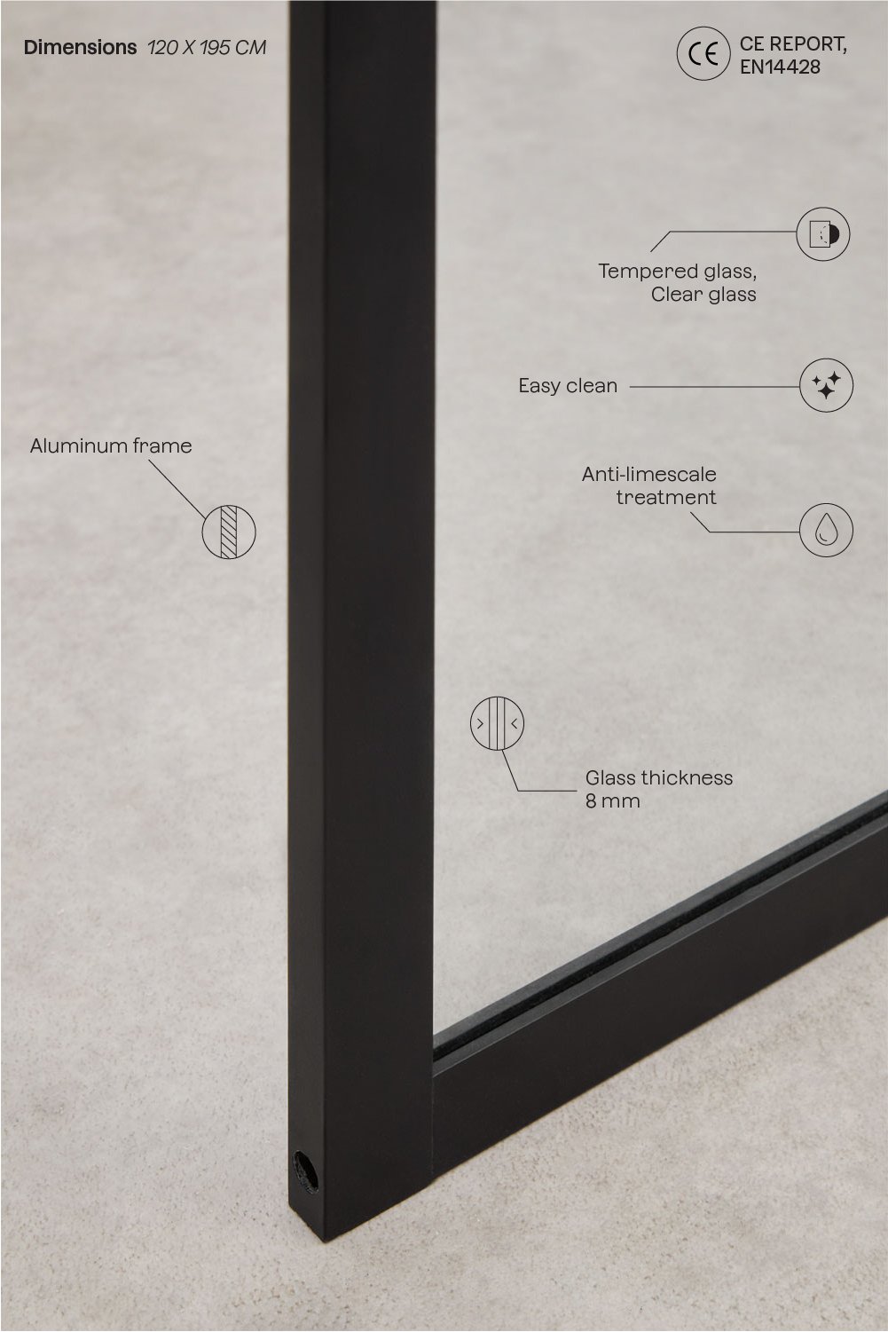 Vaste douchewand met ruitjesmotief, 8 mm gehard glas en Camden aluminium, galerij beeld 3