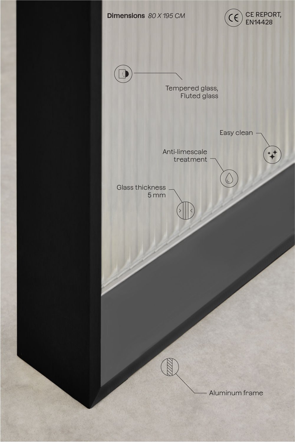 Vaste douchewand met 5 mm gehard glas en Trafalgar aluminium, galerij beeld 3