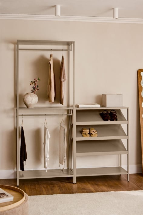 Janine 2-delige open modulaire kledingkast met een lage stalen garderobe en schoenenrek