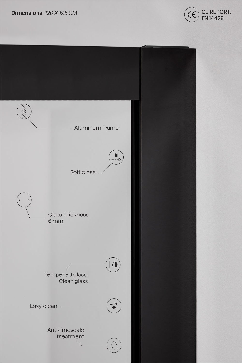 Douchewand met frontale toegang en soft closing schuifdeur, 6 mm gehard glas en Dover aluminium, galerij beeld 4