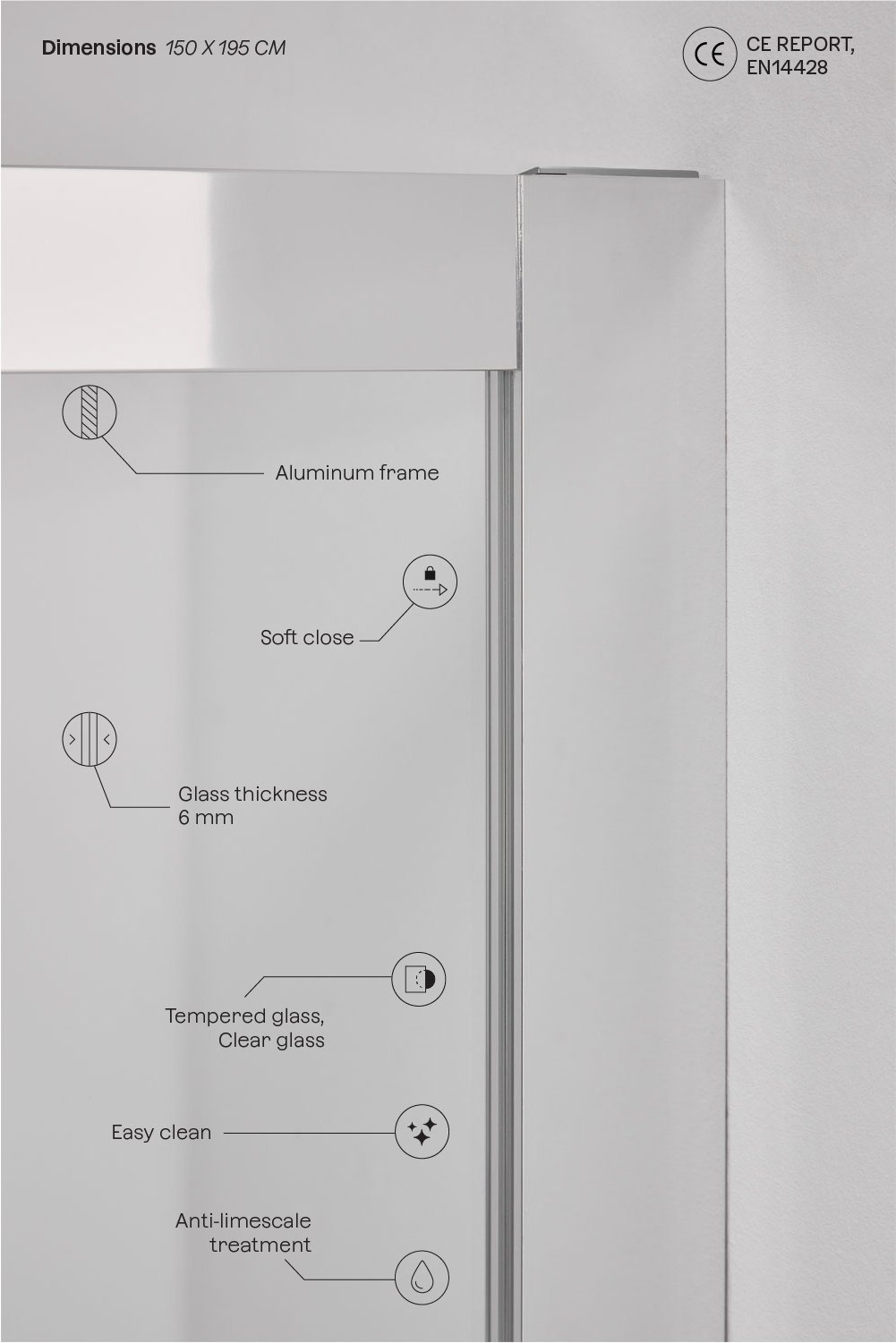 Douchewand met frontale toegang en soft closing schuifdeur, 6 mm gehard glas en Dover aluminium, galerij beeld 3