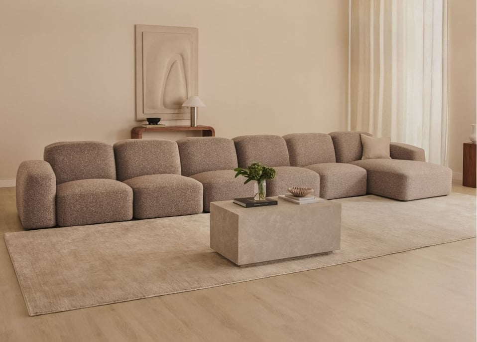 Bastian 6-delige chaise longue modulaire bank rechts - Moka Bruine Bouclé Stof