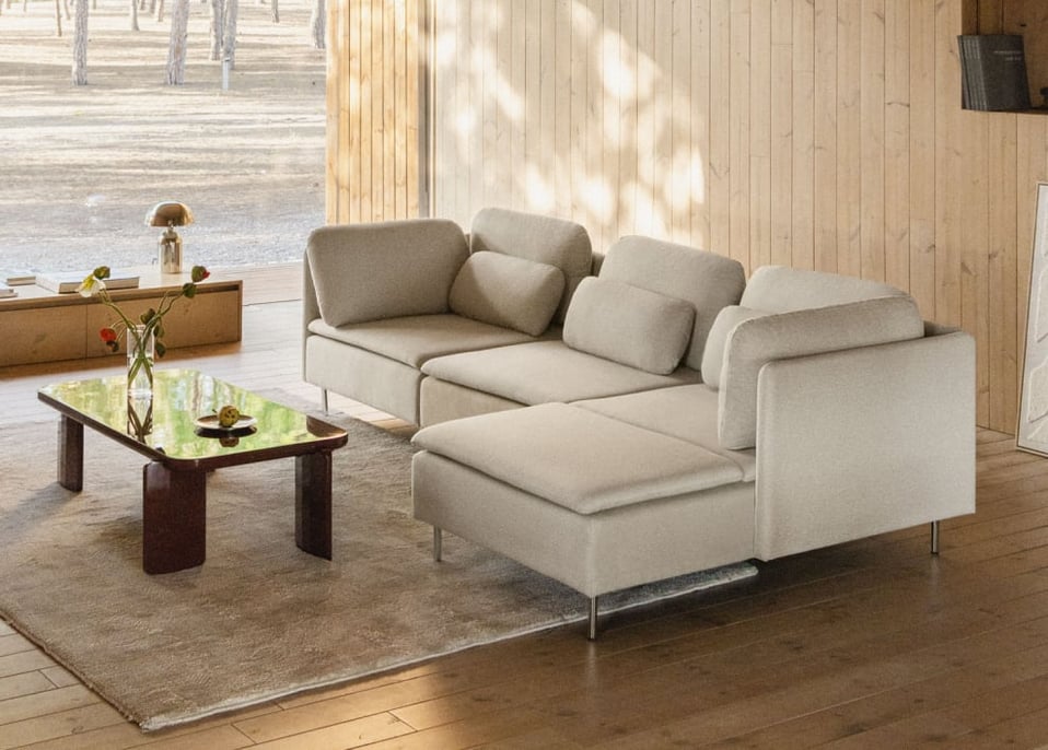 Modulaire bank met chaise longue rechts, 3-delig met hoekmodule Oriol - Stof Crème Beige