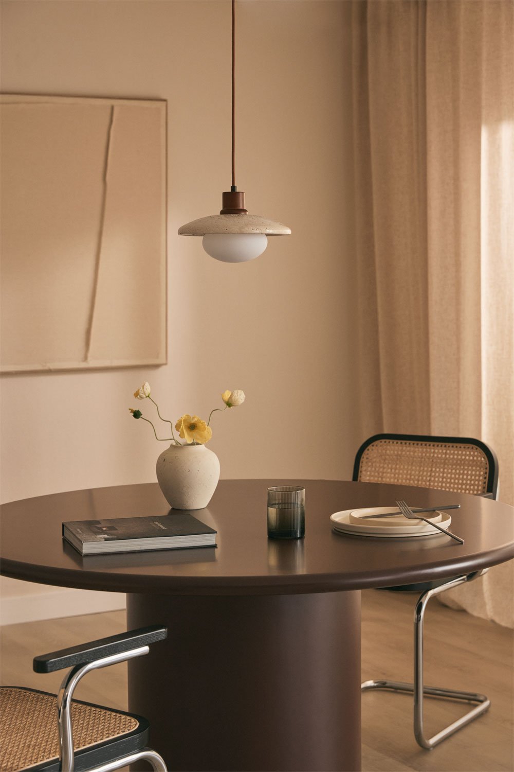 Plafondlamp in travertijn en hout met glazen bol Davise, galerij beeld 1