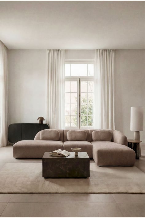 3-delige modulaire rechter chaise longue bank met linker divan in chenille Coquette - Chenille Bruin Wheat