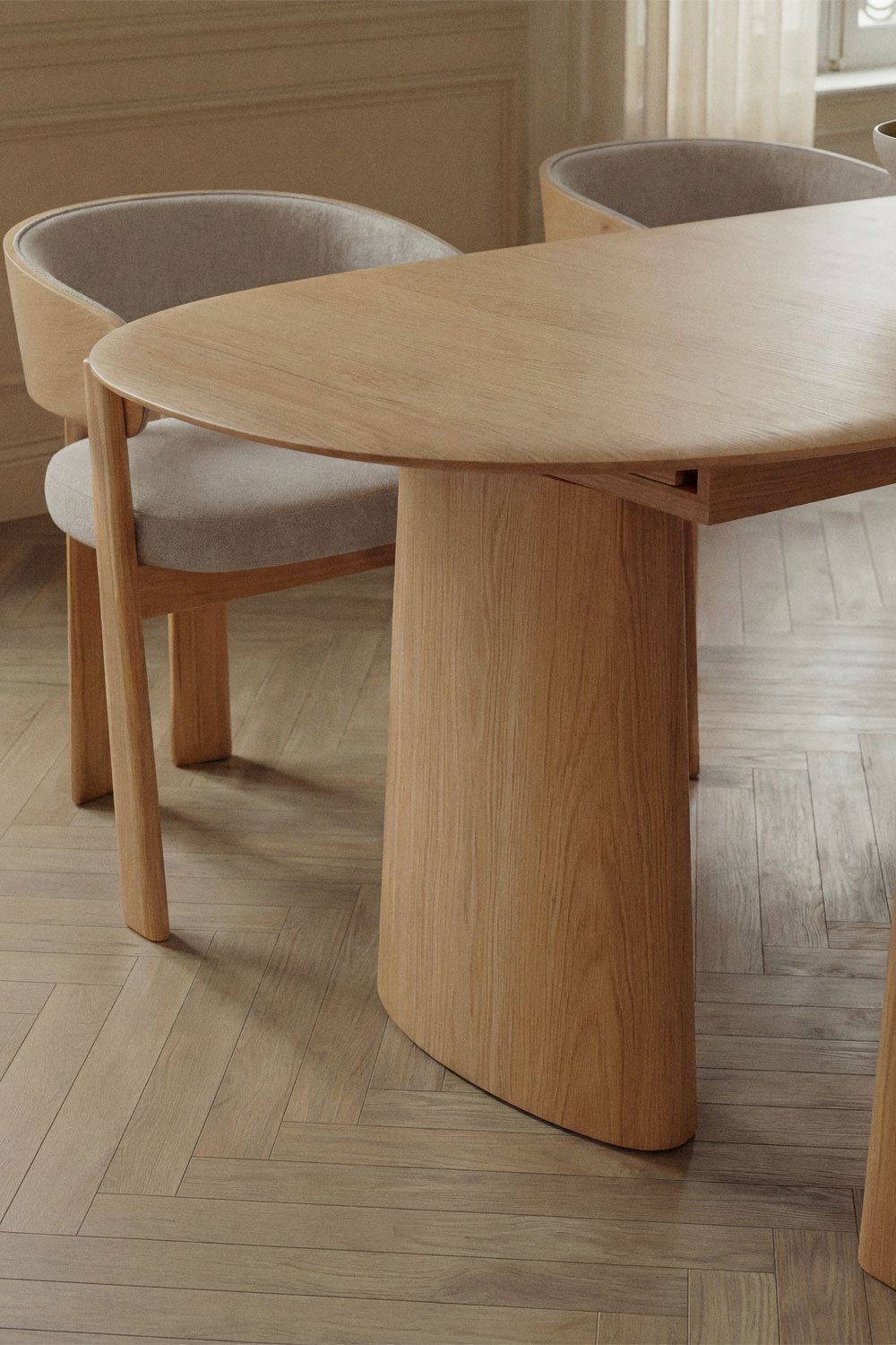 Uitklapbare ovale eettafel van MDF en essenfineer Nuveta, galerij beeld 2