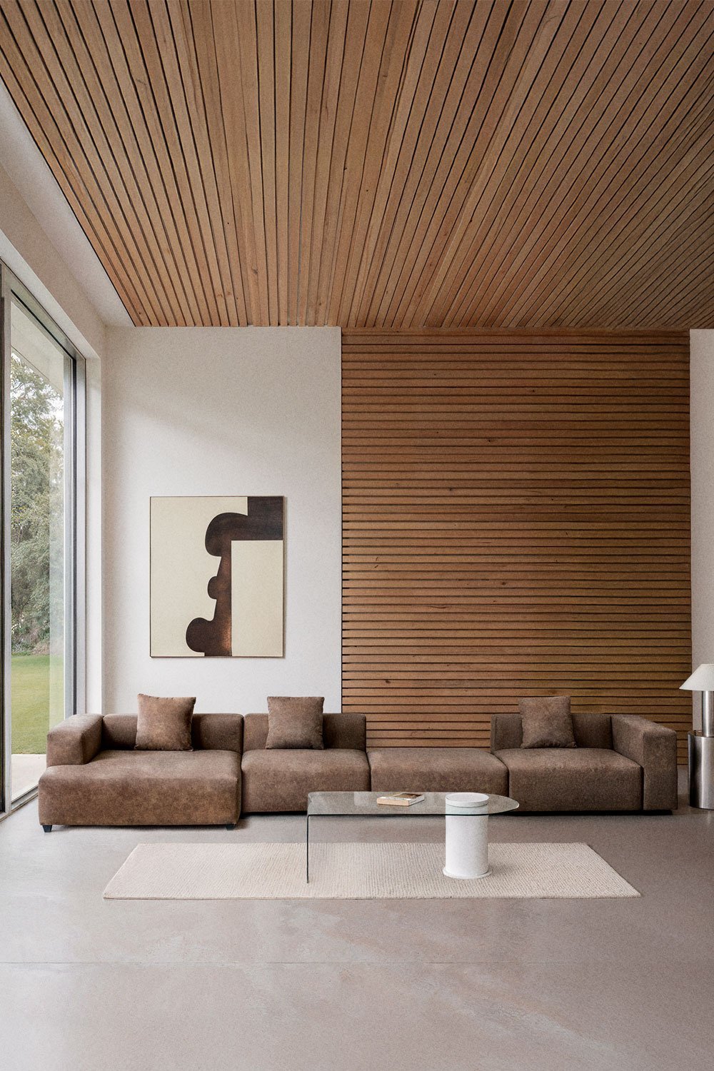 Modulaire bank met linker chaise longue, 3-delig met hoge armleuning en poef ↔︎480 cm Bruna, galerij beeld 14