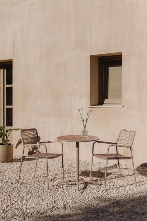 Ronde tuintafel set Ø65 cm en 2 stapelbare tuinstoelen van staal en acaciahout Tilda