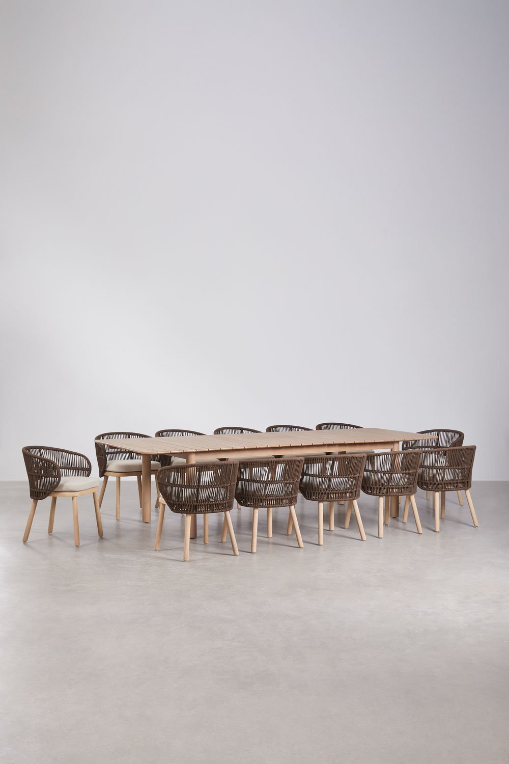 Rechthoekige uitschuifbare eettafel 250-310x105 cm Duala en 12 tuinstoelen van acaciahout en gevlochten touw Capri, galerij beeld 1