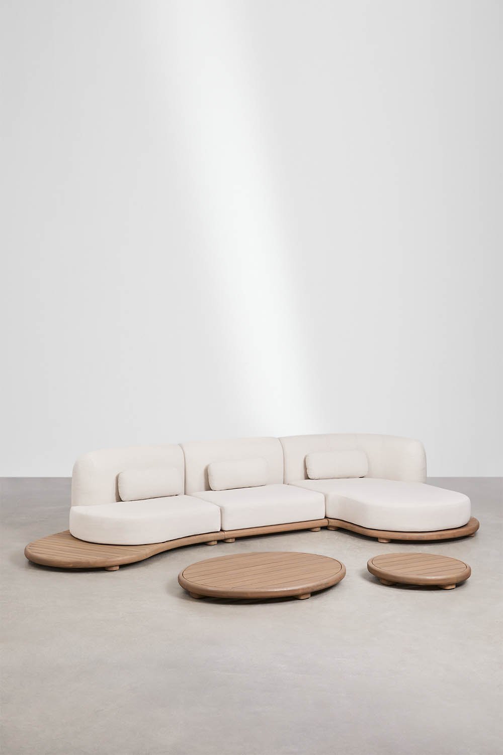 Tuinset met modulaire 3-delige rechter chaise longue bank en 2 salontafels van acaciahout Gerard, galerij beeld 1