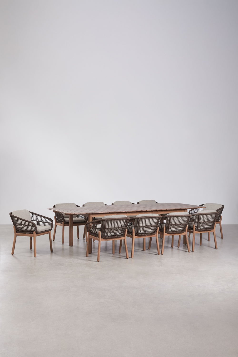 Rechthoekige uitschuifbare eettafel 250-310x105 cm Duala en 10 tuinstoelen van acaciahout en gevlochten touw Karvia, galerij beeld 1