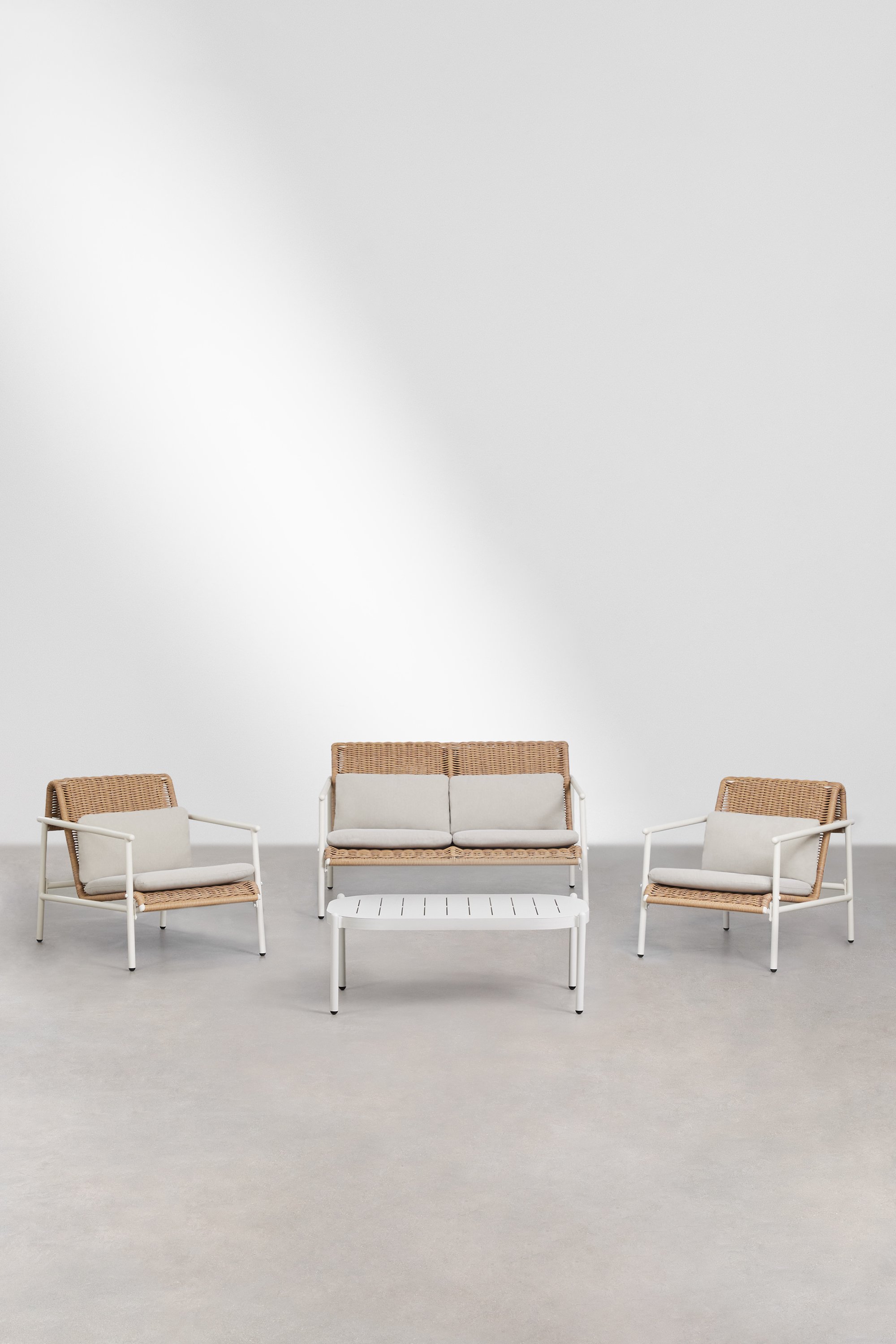 Tuinset met 2-zitsbank, 2 fauteuils en salontafel van aluminium en synthetisch riet Duroli, galerij beeld 1