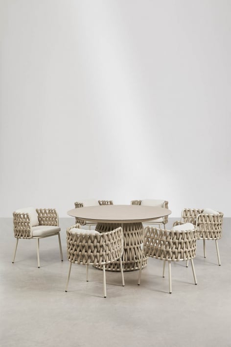 Ronde tafelset Ø140 cm in keramiek en 6 tuinstoelen met armleuningen van aluminium en gevlochten touw Tevary