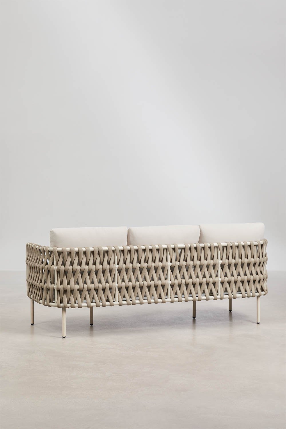 Tuinset met 3-zitsbank, 2 stoelen in gevlochten Tevary touw en salontafel van aluminium Boleni, galerij beeld 5