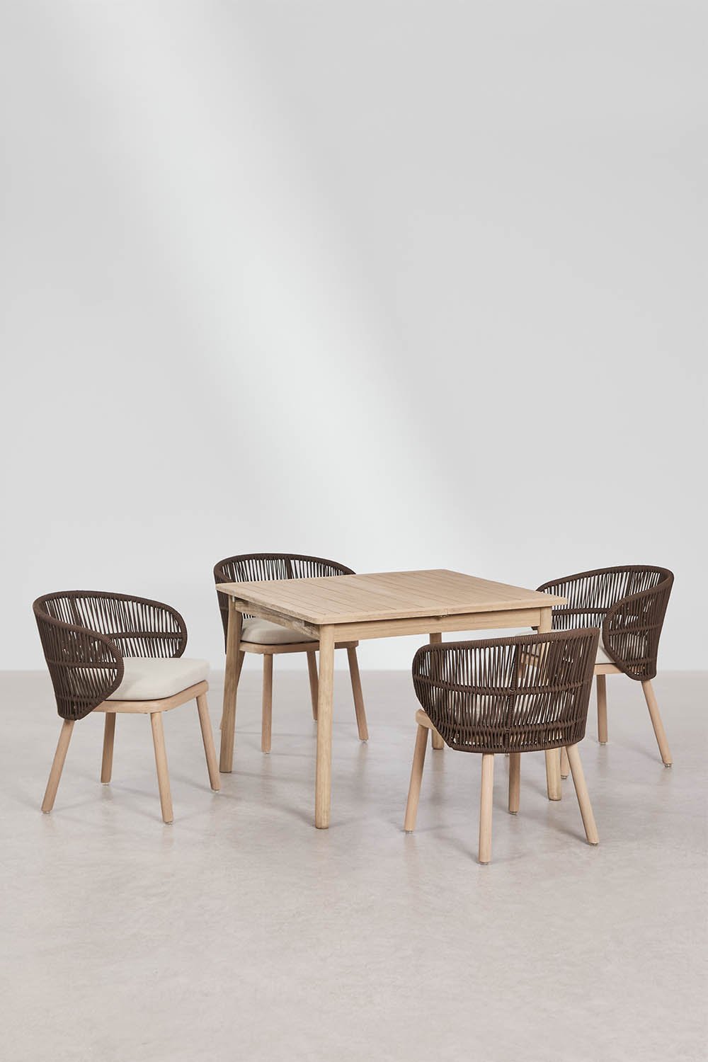 Set eettafel 100-160x100 cm uitschuifbaar Karvia en 4 eetkamerstoelen van acaciahout en gevlochten Capri-touw, galerij beeld 1