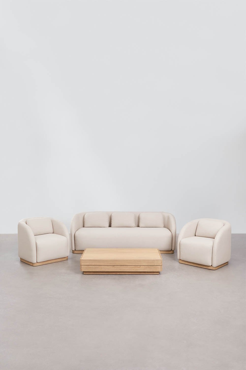 Woonkamerset met 3-zitsbank, 2 fauteuils en rechthoekige salontafel 130x75 cm van Veronese acaciahout, galerij beeld 1