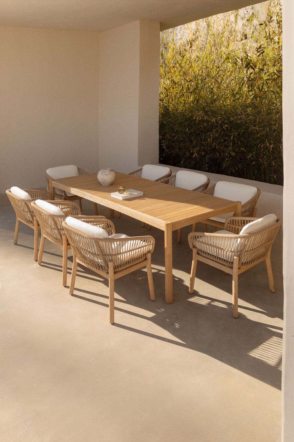 Rechthoekige tuintafelset 220x100 cm met 8 stoelen van acaciahout en gevlochten touw Karvia, galerij beeld 1