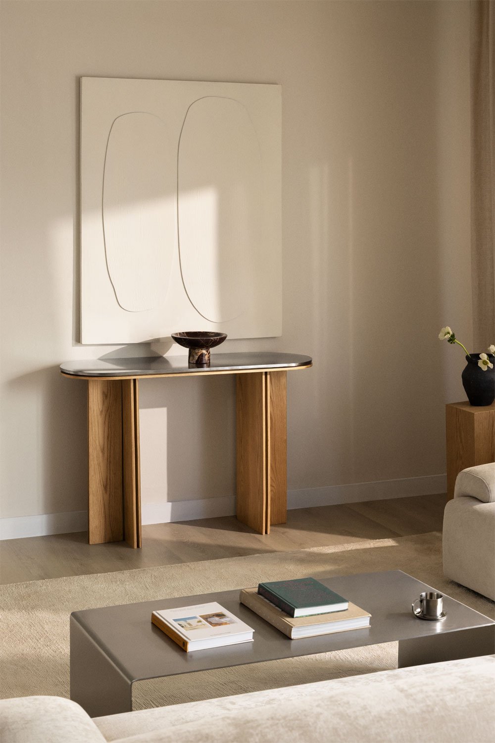 Ovale halfronde console 120x40 cm in eikenfineer en roestvrij staal Lindina, galerij beeld 1