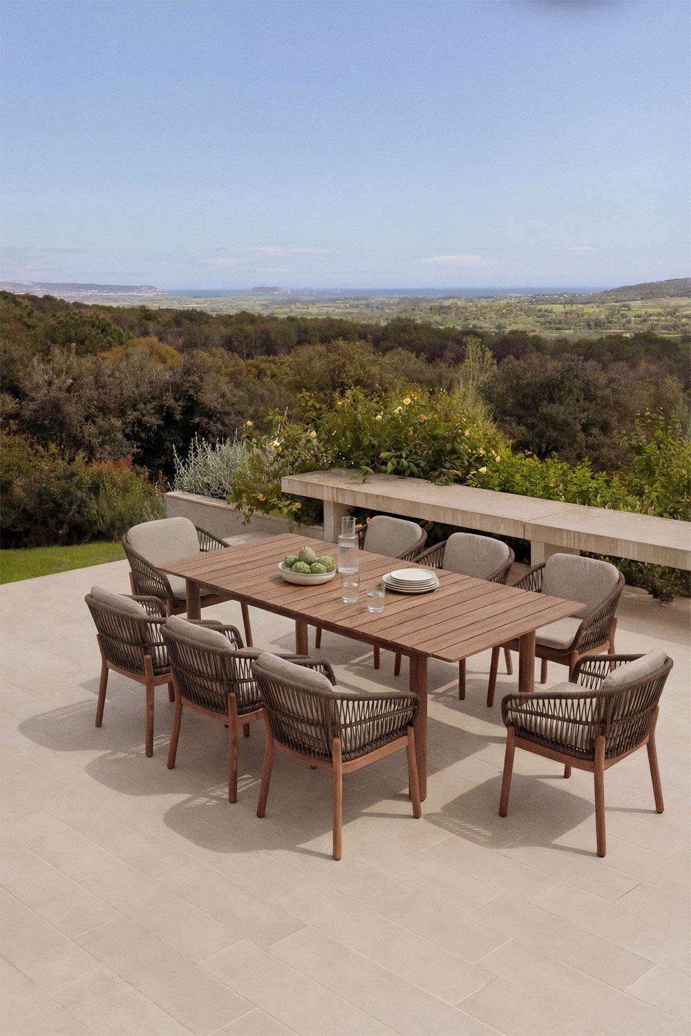 Rechthoekige uitschuifbare eettafel 250-310x105 cm Duala en 8 tuinstoelen van acaciahout en gevlochten touw Karvia, galerij beeld 11