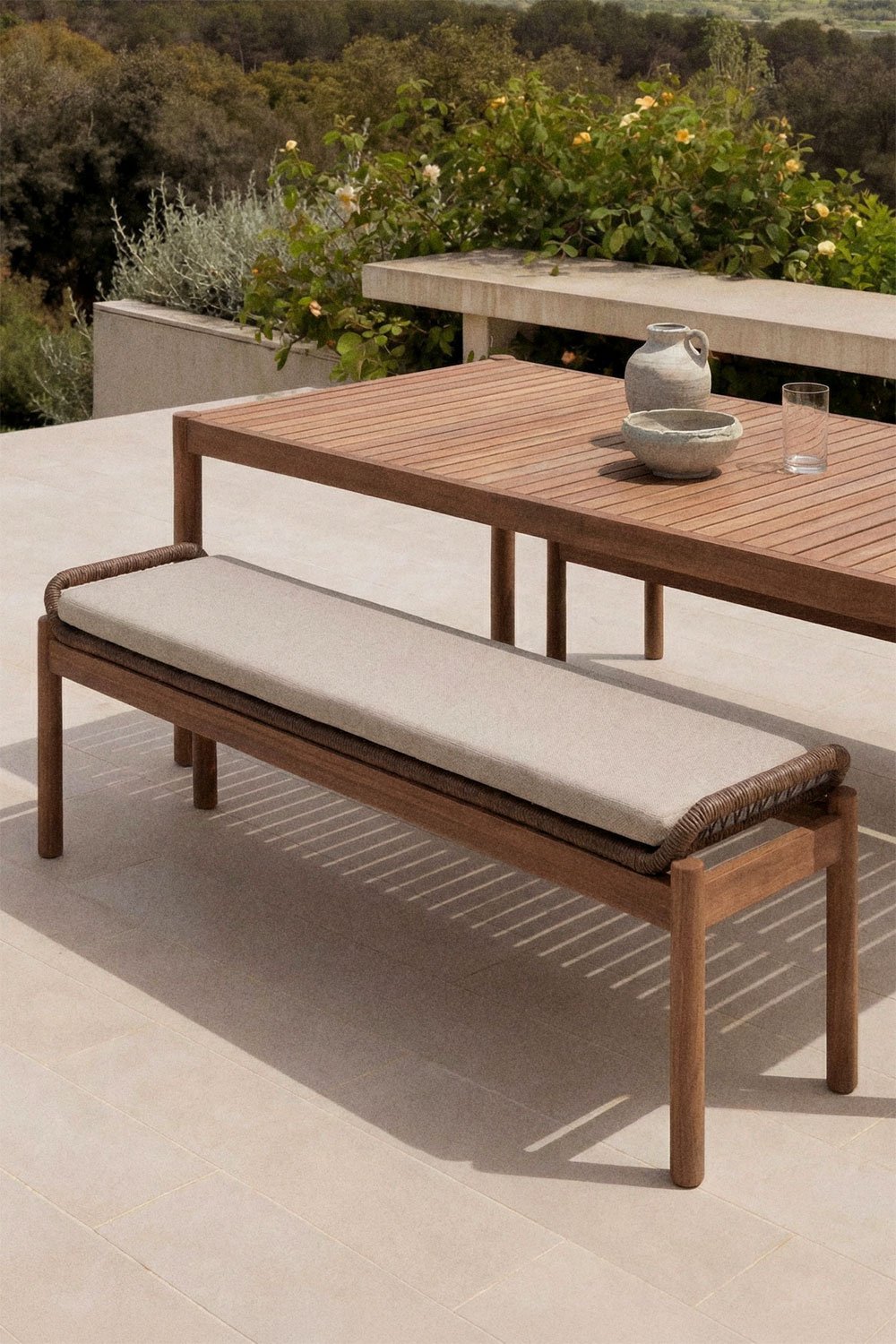 Tuinbank 180 cm van acaciahout en gevlochten touw Karvia, galerij beeld 1