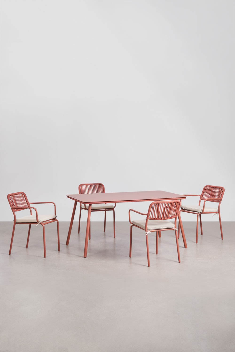 Rechthoekige eettafelset 160 x 90 cm met 4 stapelbare eetkamerstoelen van gevlochten touw Arhiza, galerij beeld 1