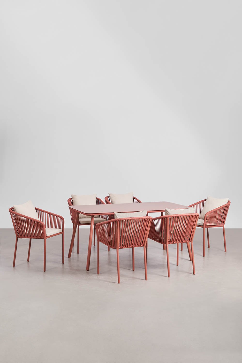 Rechthoekige eettafelset 160x90 cm met 6 eetkamerstoelen van gevlochten touw Arhiza Classic, galerij beeld 1