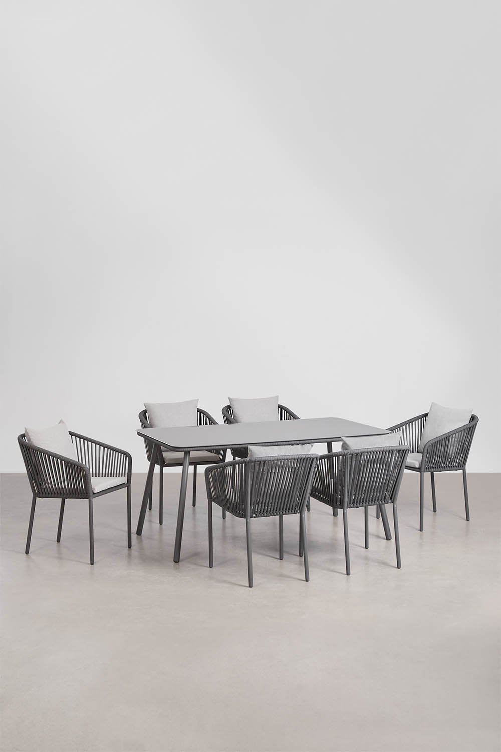 Rechthoekige eettafelset 160x90 cm met 6 eetkamerstoelen van gevlochten touw Arhiza Classic, galerij beeld 1