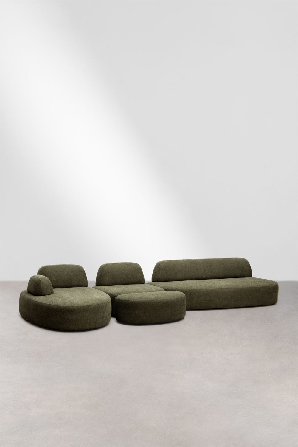 Modulaire linker chaise longue bank van 3 delen met hoekmodule en gestoffeerde poef Giorgia, galerij beeld 1