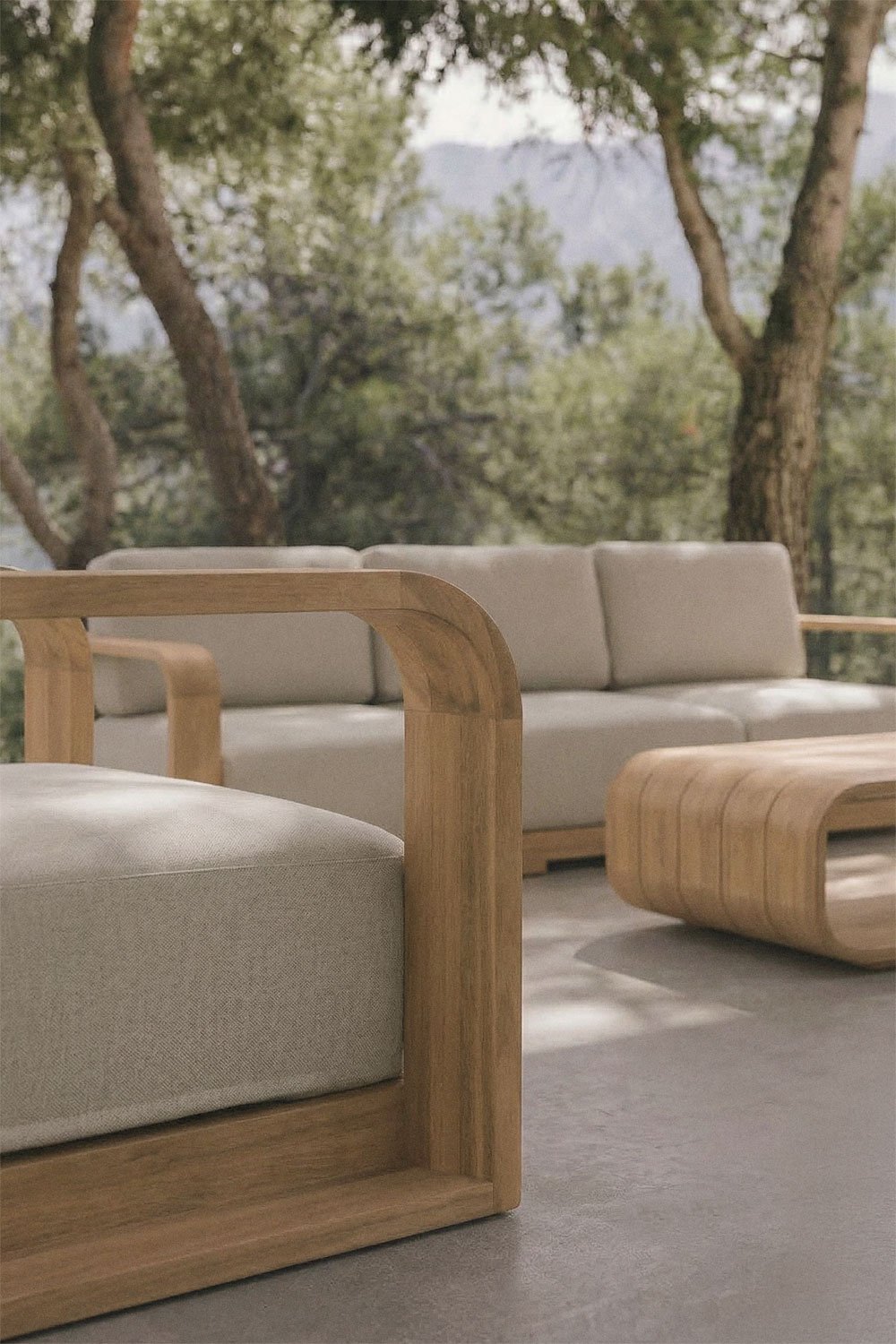 Tuinset met 3-delige modulaire bank met armleuningen, fauteuil en salontafel van acaciahout Brivori, galerij beeld 2