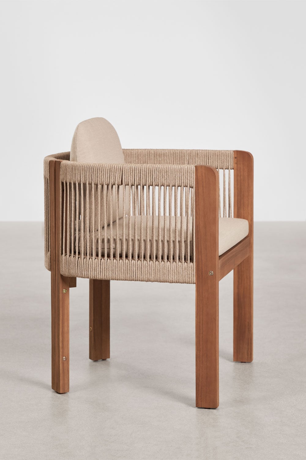 Rechthoekige eettafelset 265x120 cm Siena en 8 tuinstoelen met armleuningen van acaciahout en gevlochten touw Serel, galerij beeld 8