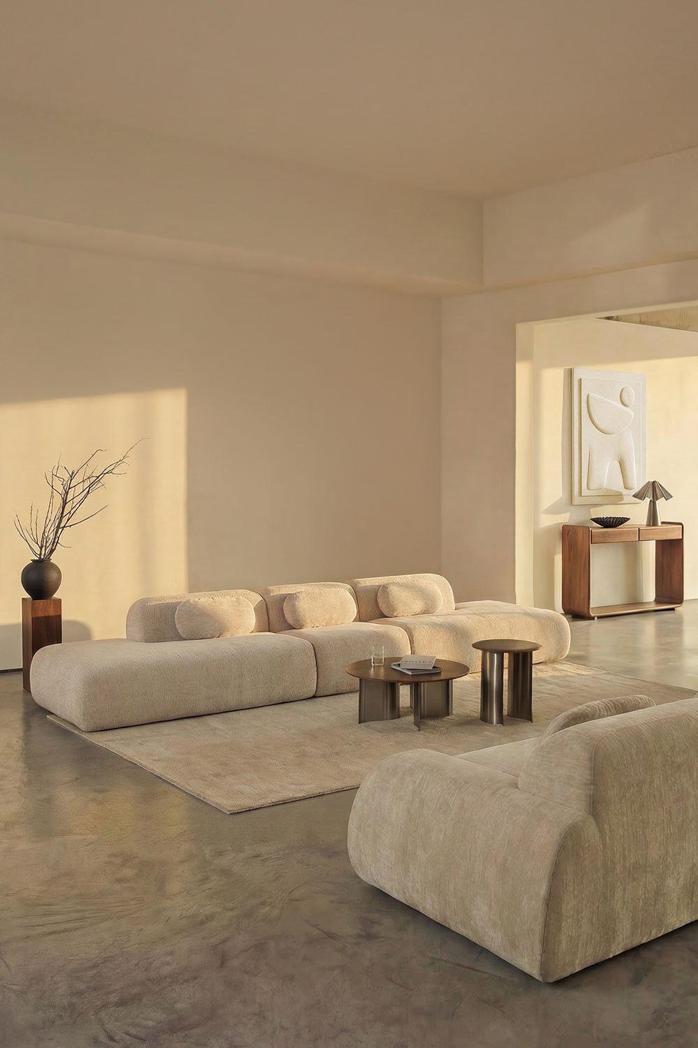 3-delige modulaire bank met dubbele chaise longue in vacuüm verpakte chenille Merida, galerij beeld 13