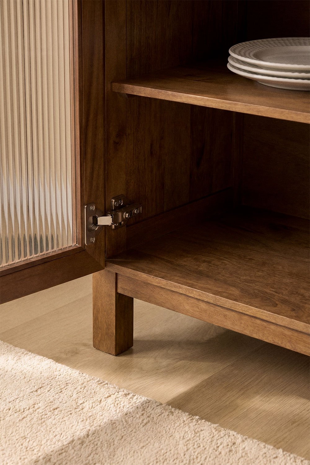 Rechthoekig dressoir 100x45 cm mangohout en glas met zwarte handgrepen Ildara, galerij beeld 2