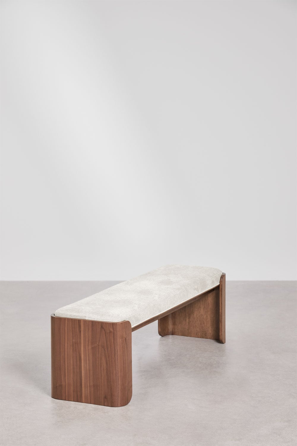 Bank 160 cm van donker rubberhout en fineer bekleed met beige-crème bouclé Lofren, galerij beeld 2