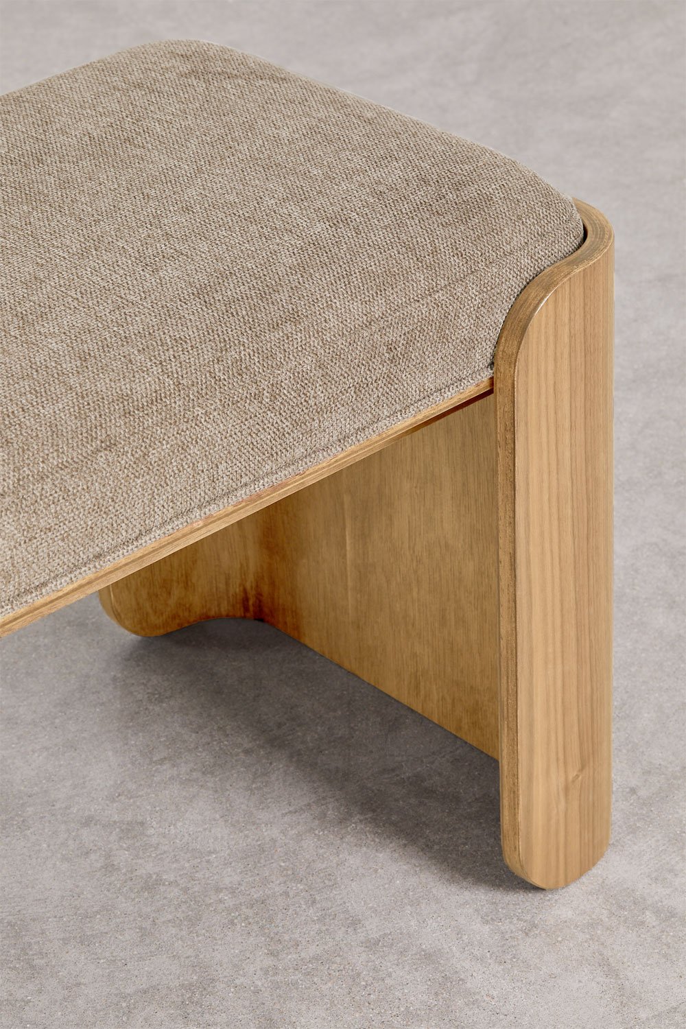 Bank 160 cm van rubberhout natuurlijke afwerking en fineer bekleed met mokkabruine stof Lofren, galerij beeld 3