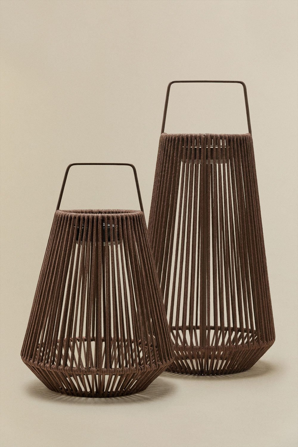 Set van 2 draadloze LED-zonne-tafellampen voor buiten, gemaakt van ijzer en gevlochten touw Liberian, galerij beeld 3