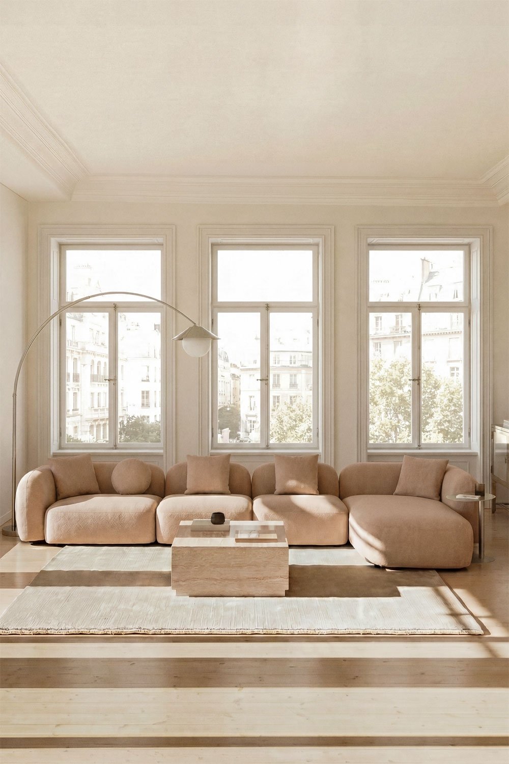 Rechte modulaire chaise longue bank van 4 delen in chenille Coco, galerij beeld 1