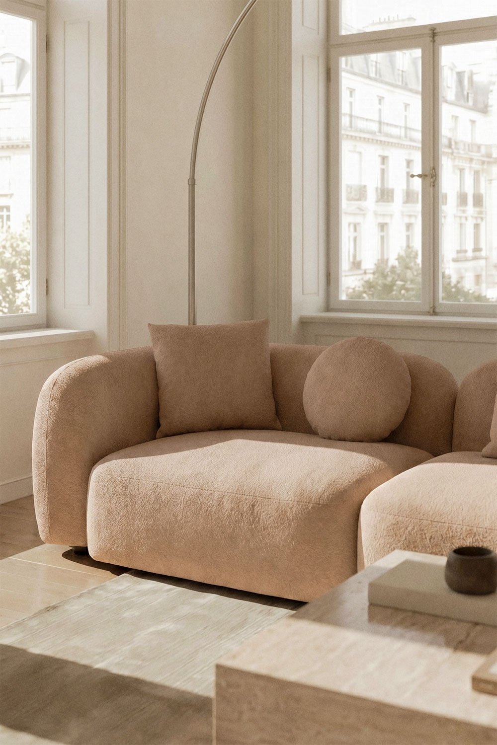 Rechte modulaire chaise longue bank van 4 delen in chenille Coco, galerij beeld 2
