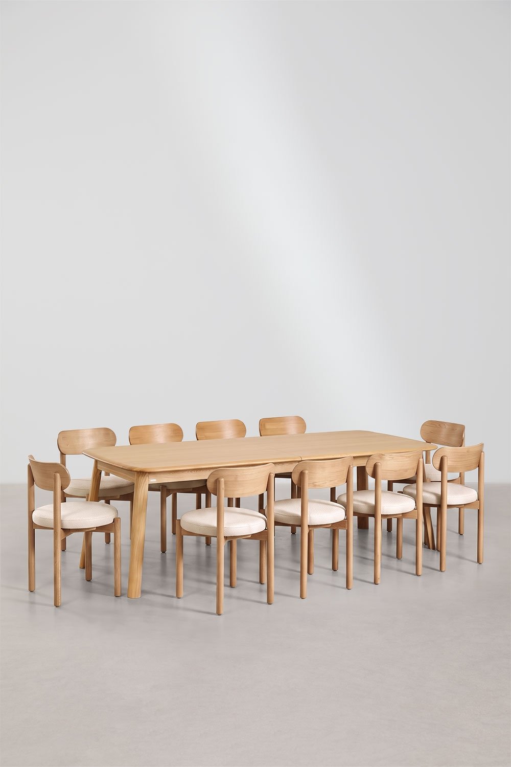 Set uittrekbare tafel 220-320x95 cm in eikenhout Treveris en 10 stoelen in eikenhout en chenille Bianca, galerij beeld 3