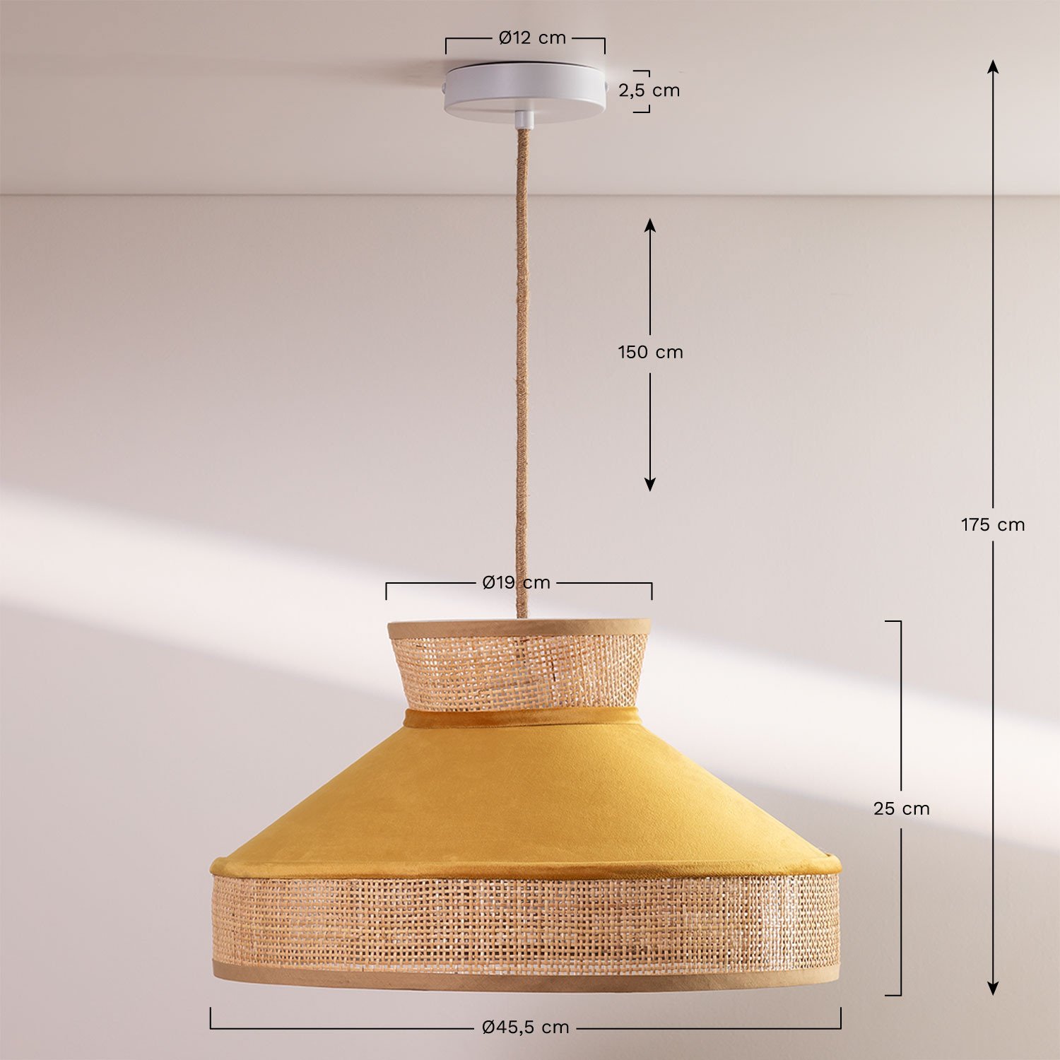 Lampa Sufitowa z Aksamitu i Rattanu Xanti, rozmiary