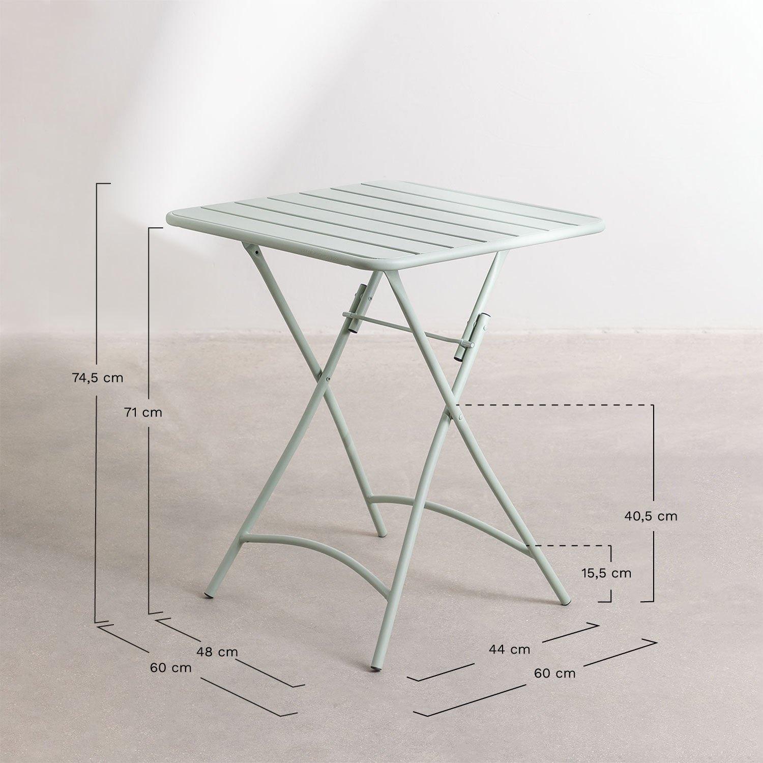 Zestaw skladany stól (60X60 cm) i 2 skladane krzesla Janti, rozmiary
