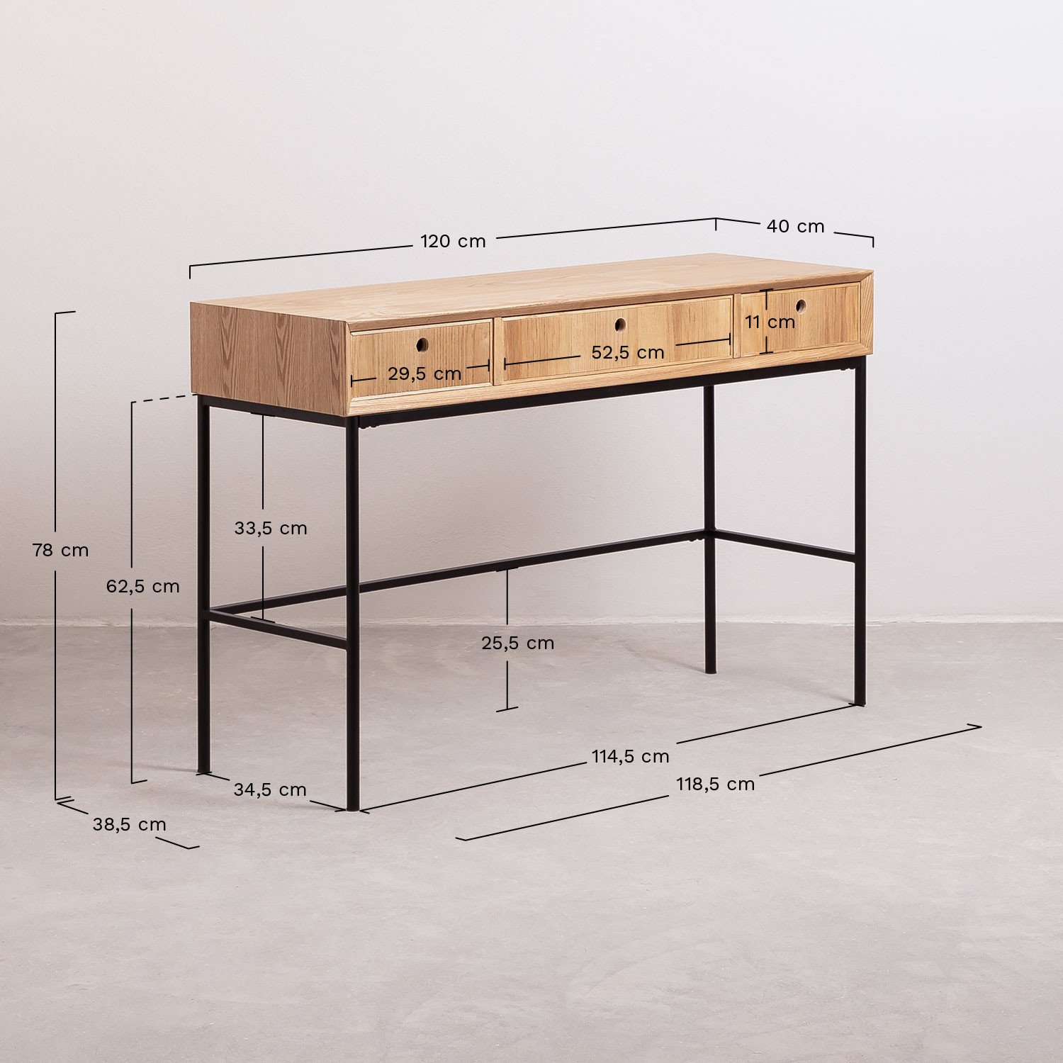 Konsola z drewna jesionowego Glai, rozmiary