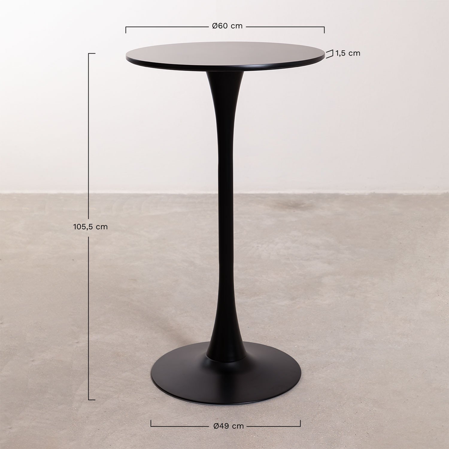 Okrągły wysoki stół z płyty MDF i metalu (ø60 cm) w stylu Ivet, rozmiary