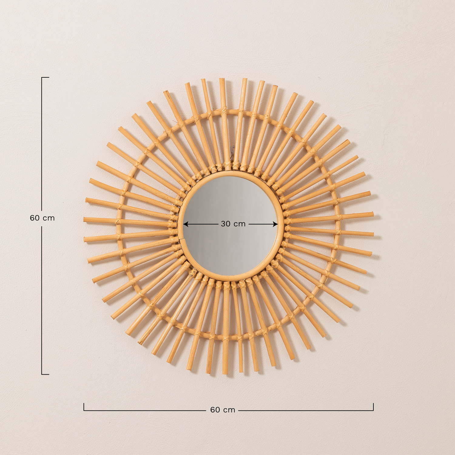 Okrągłe lustro ścienne z rattanu Ø60 cm Beku, rozmiary