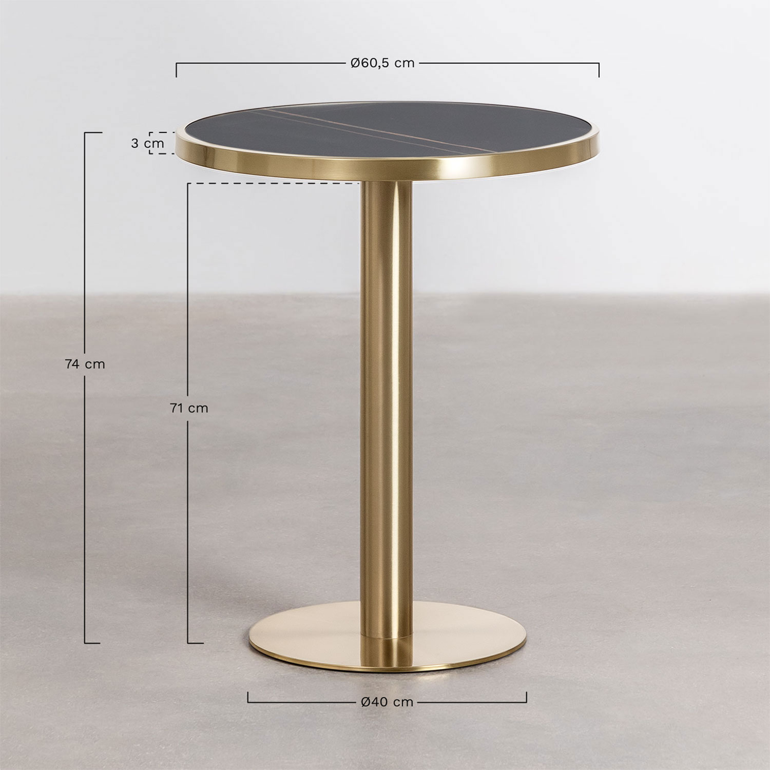 Okrągły stolik barowy z kamionki (Ø60 cm) Manhattan, rozmiary