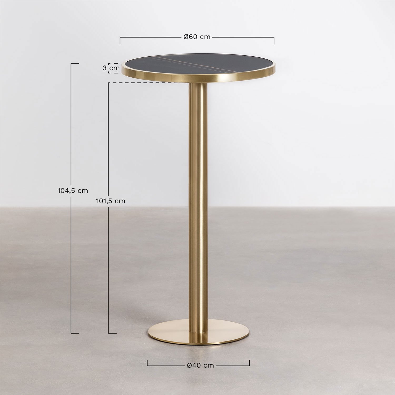 Okrągły wysoki stół barowy z kamionki (Ø60 cm) Manhattan, rozmiary