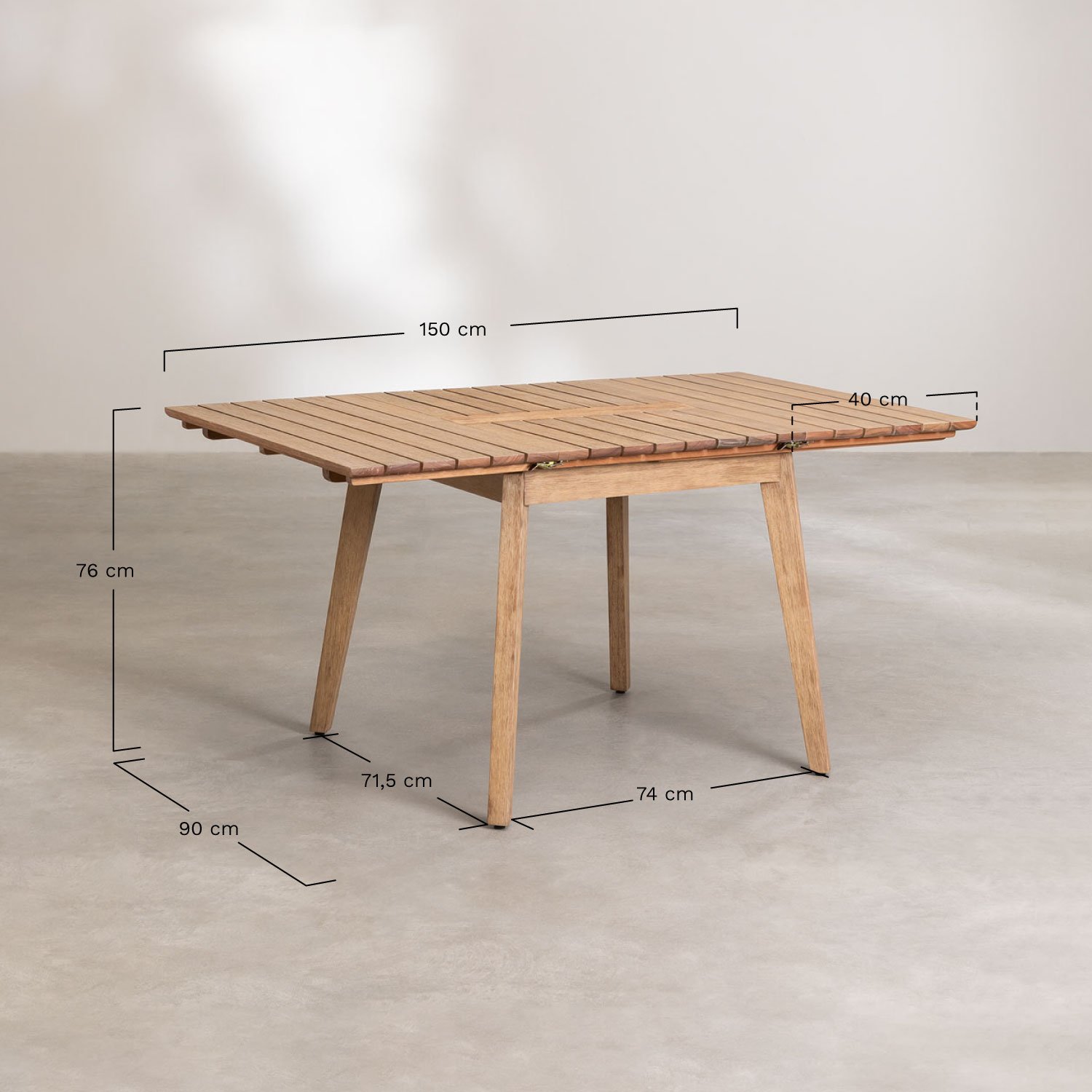 Rozkładany prostokątny stół jadalniany 90-150x90 cm z drewna Naele, rozmiary