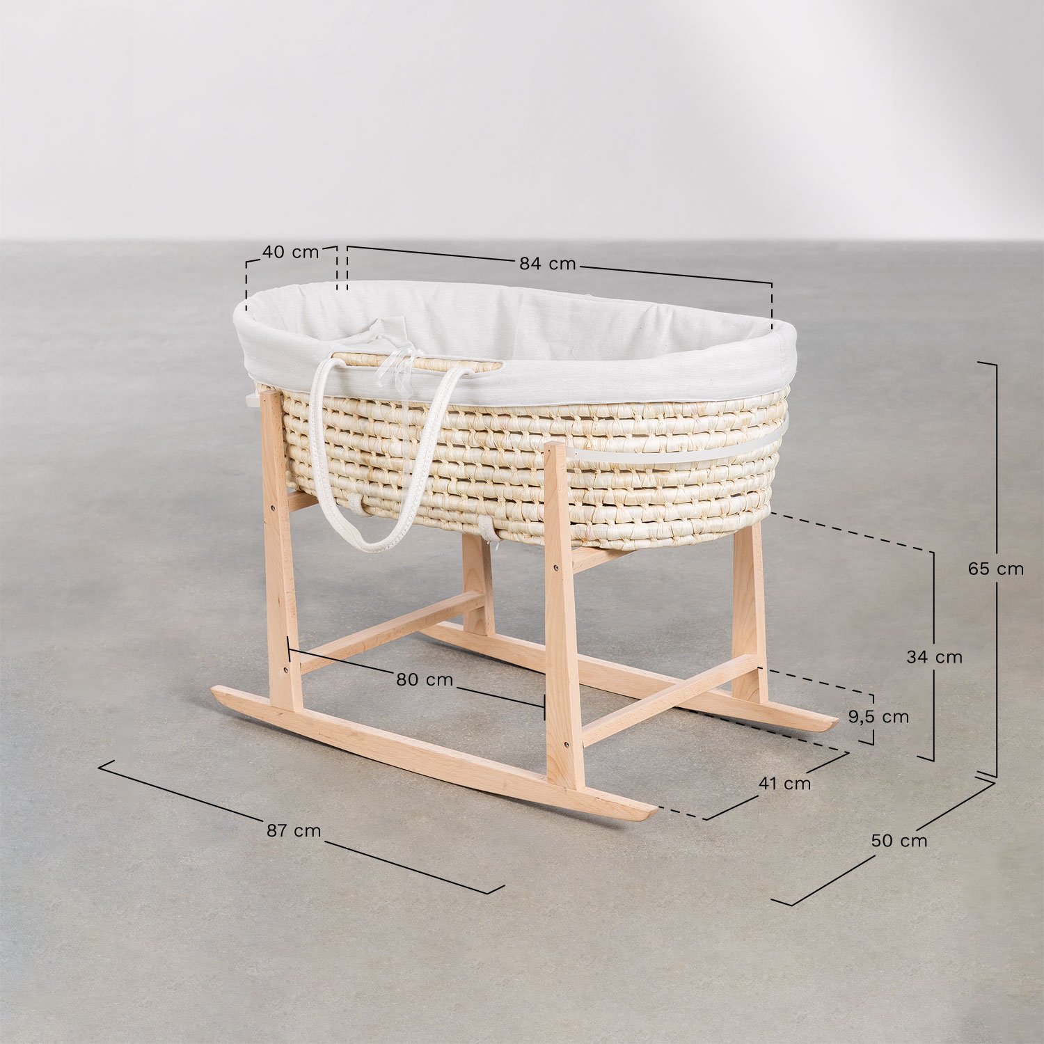 Moisés z rattanu z wyściółką i kołyską Fabian, rozmiary