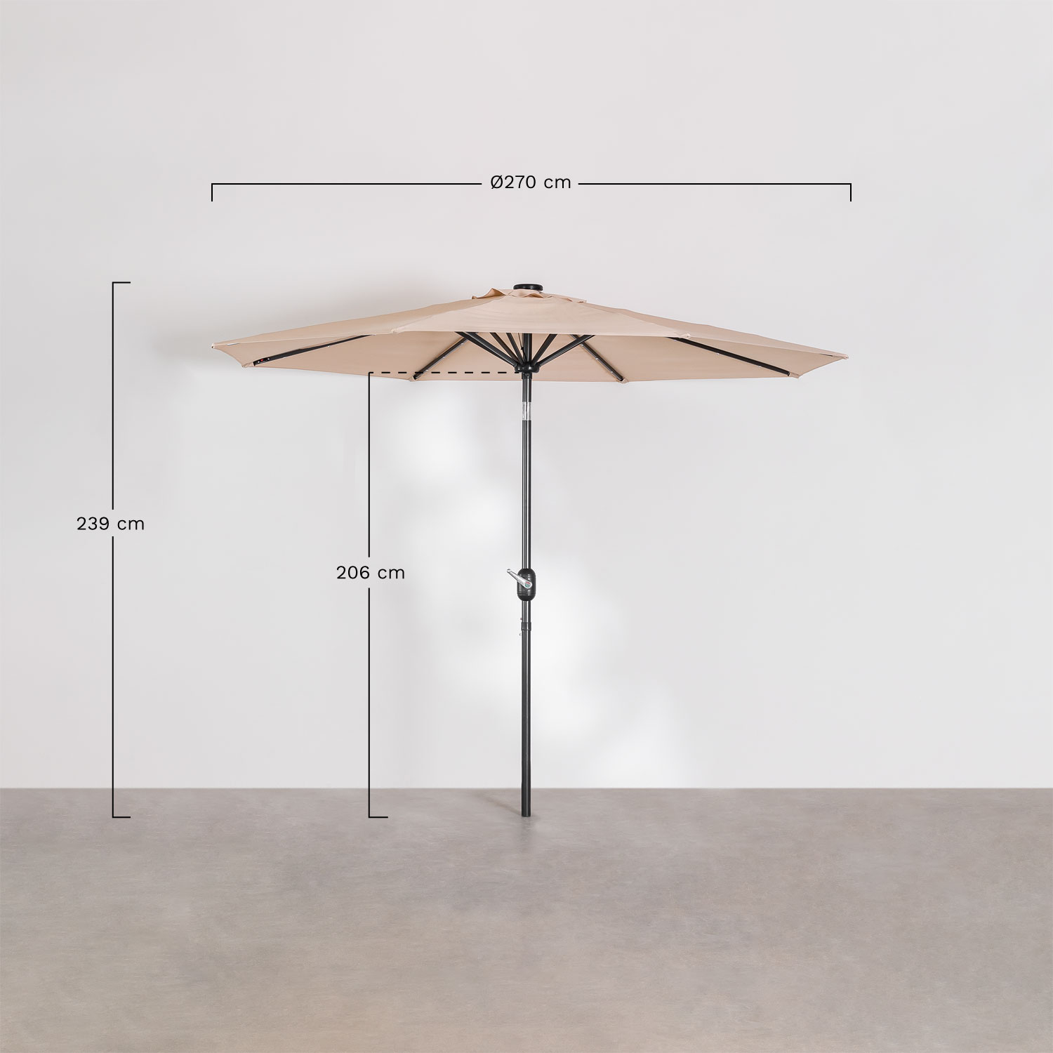 Parasol Ø270 cm z oświetleniem z tkaniny i stali Uzombras, rozmiary