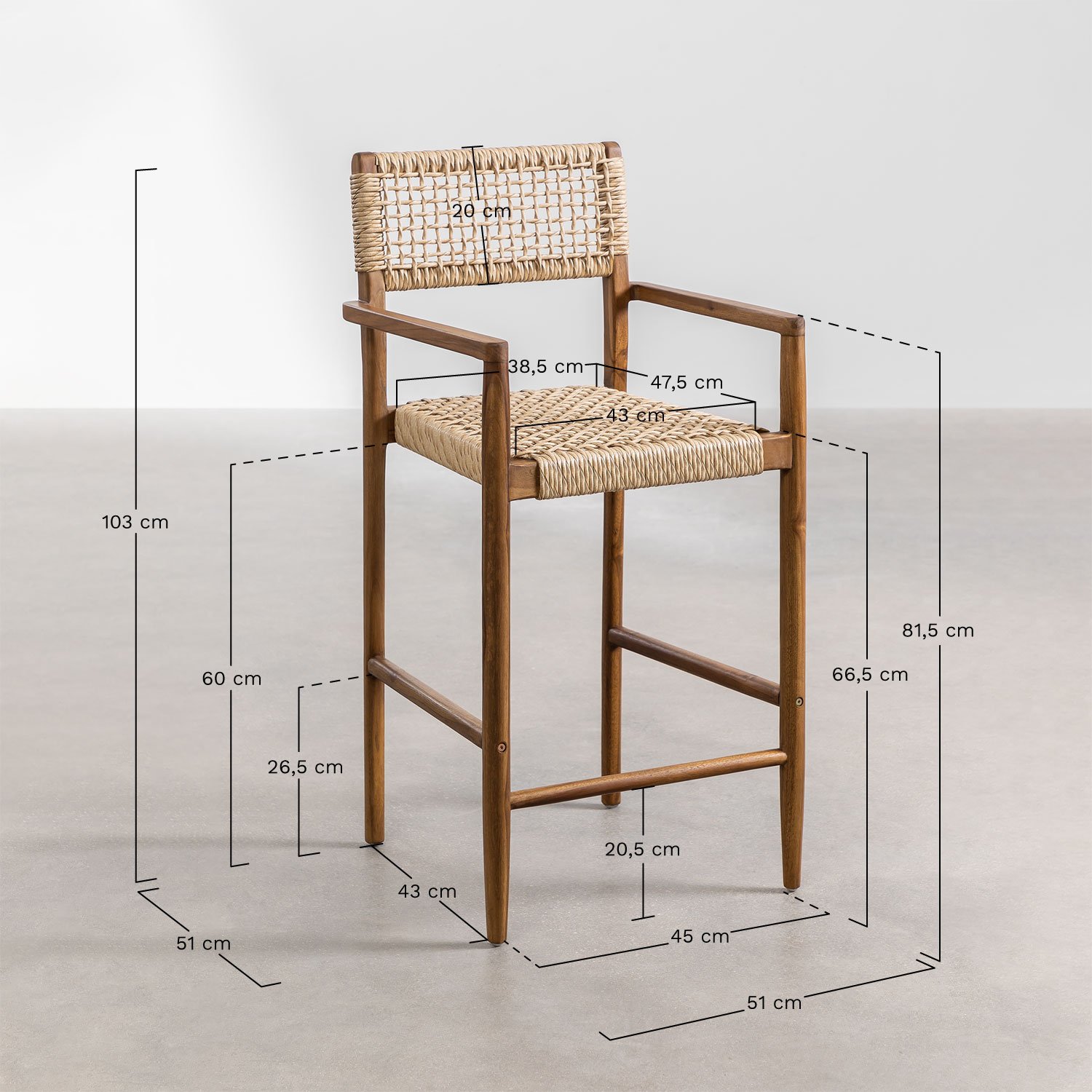  Wysoki stołek z drewna tekowego (66,5 cm) Orebro, rozmiary