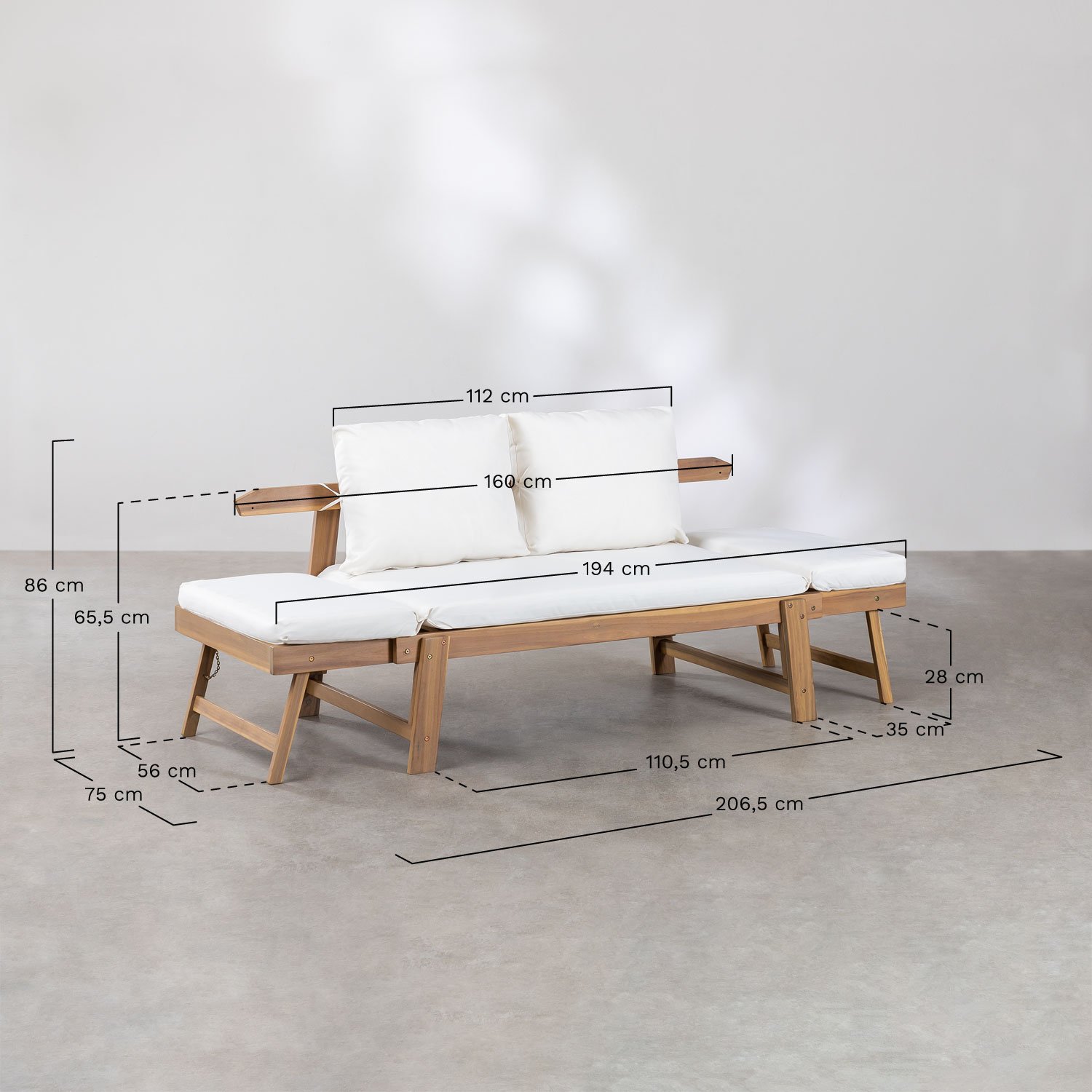 3-osobowa regulowana sofa ogrodowa z drewna akacjowego Guille, rozmiary